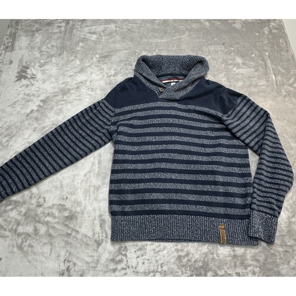 Tommy Hilfiger Knit Sweater Mens Small Blue Striped High Neck Vintage Button EUC
